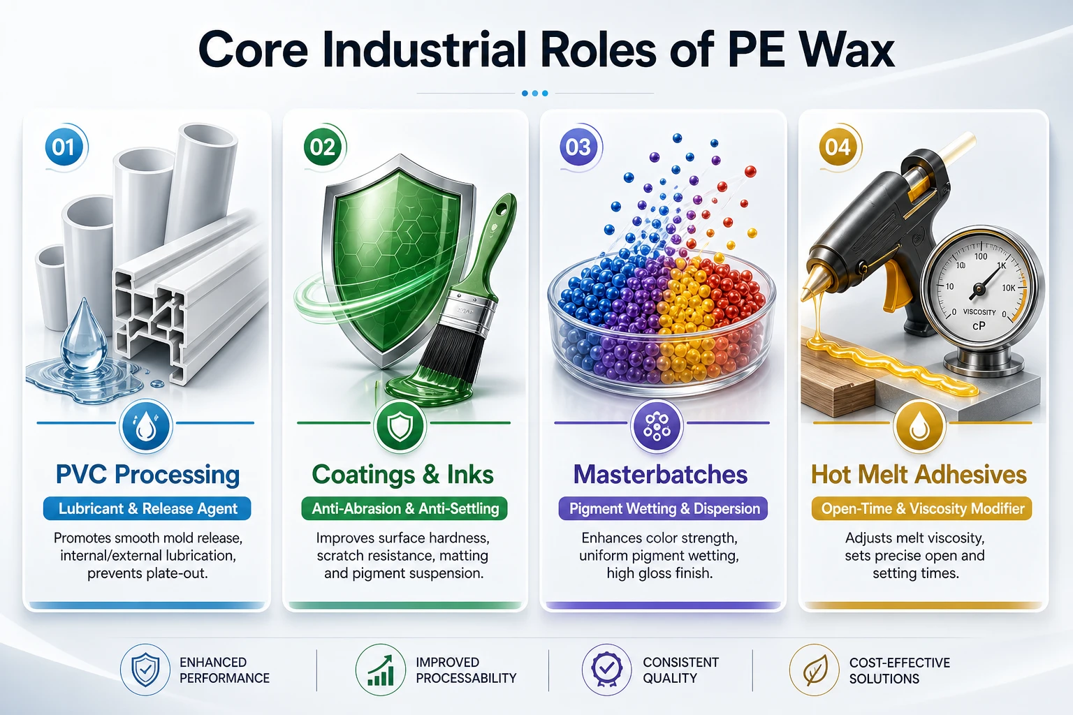 Core Industrial Roles and Key Functional Mechanisms of PE Wax across Polymer Applications.